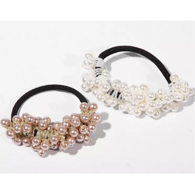 Wholesale fabric bowknot elastic hair band with black bead elastic hair tie